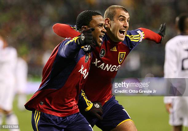 Robbie Findley of Real Salt Lake celebrates his goal in the second half with teammate Yura Movsisyan during the MLS Cup final at Qwest Field on...