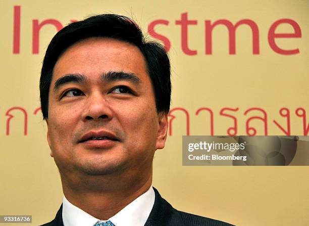 Abhisit Vejjajiva, Thailand's prime minister, speaks at the inauguration ceremony of the One Start One Stop Investment Center in Bangkok, Thailand,...