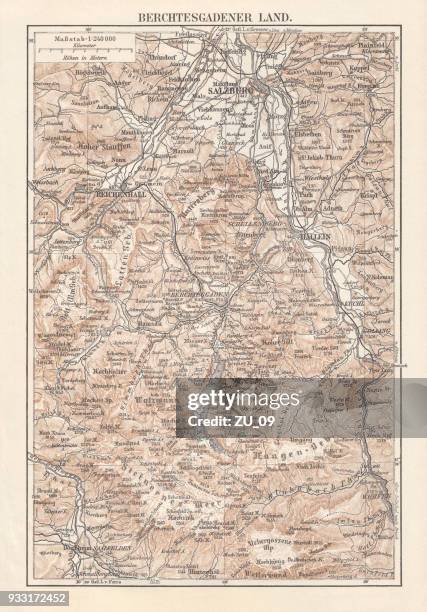 map of the berchtesgadener land, bavaria, germany, lithograph, published 1897 - watzmann stock illustrations