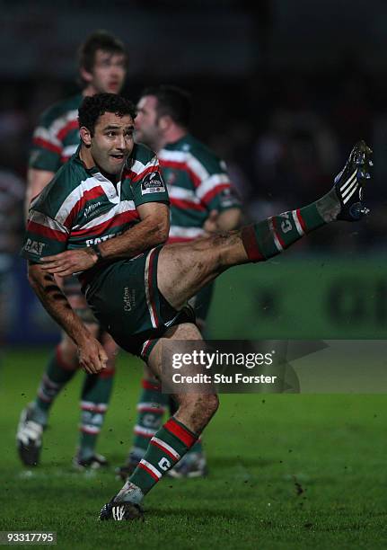 Leicester fly half Jeremy Staunton kicks a penalty during the Guinness Premiership match between Gloucester and Leicester Tigers at Kingsholm on...