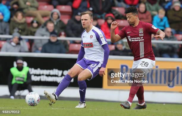 David Ball of Rotherham United plays the ball away from Hildeberto Pereira of Northampton Town during the Sky Bet League One match between...