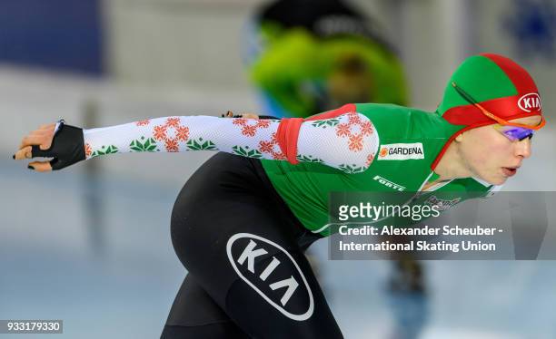 Marina Zueva of Belarus competes in the Ladies 3000m Final during the ISU World Cup Speed Skating Final at Speed Skating Arena on March 17, 2018 in...