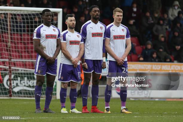 Josh Emmanuel, Richie Towell, Semi Ajayi and Michael Smith of Rotherham United line up to defend a free kick of during the Sky Bet League One match...