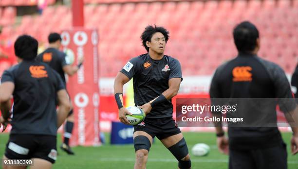 Yoshitaka Tokunaga of Sunwolves warming up during the Super Rugby match between Emirates Lions and Sunwolves at Emirates Airline Park on March 17,...