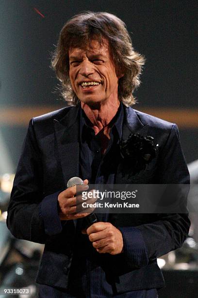 Mick Jagger \performs onstage at the 25th Anniversary Rock & Roll Hall of Fame Concert at Madison Square Garden on October 30, 2009 in New York City.