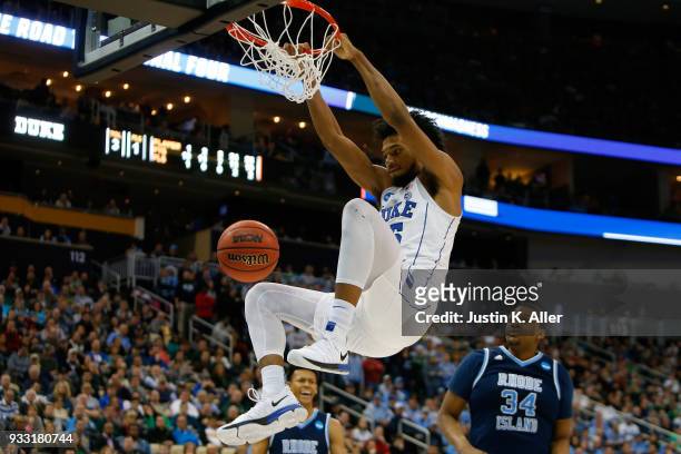 Marvin Bagley III of the Duke Blue Devils dunks the ball against the Rhode Island Rams during the second half in the second round of the 2018 NCAA...