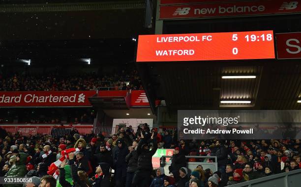 Score board after the Premier League match between Liverpool and Watford at Anfield on March 17, 2018 in Liverpool, England.