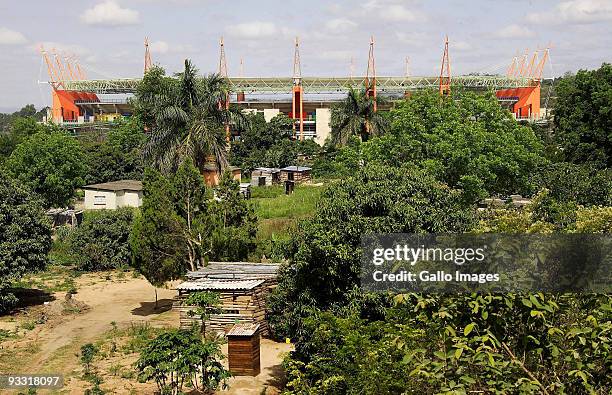 View of the Matsafeni community in the shadow of the Mbombela Stadium on November 3, 2009 in Nelspruit, South Africa. The Mbombela Stadium is one of...