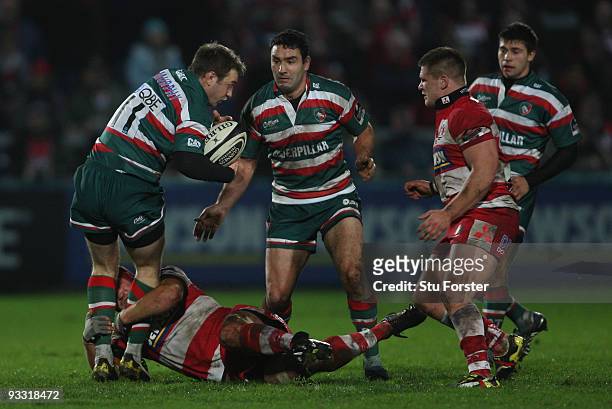 Leicester winger Johne Murphy runs at the Gloucester defence during the Guinness Premiership match between Gloucester and Leicester Tigers at...
