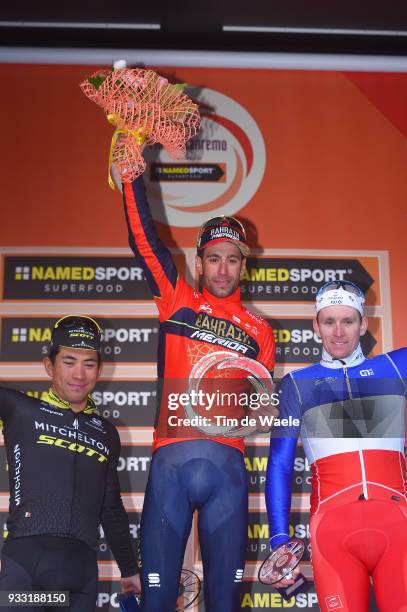 Podium / Caleb Ewan of Australia and Team Mitchelton-Scott / Vincenzo Nibali of Italy and Team Bahrain-Merida / Arnaud Demare of France and Team...