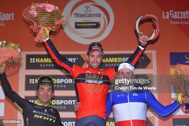 Podium / Caleb Ewan of Australia and Team Mitchelton-Scott / Vincenzo Nibali of Italy and Team Bahrain-Merida / Arnaud Demare of France and Team...