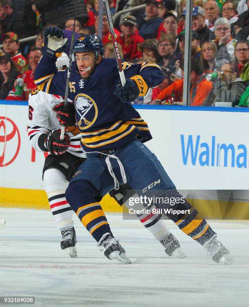 Justin Bailey of the Buffalo Sabres skates against the Chicago Blackhawks during an NHL game on March 17, 2018 at KeyBank Center in Buffalo, New...