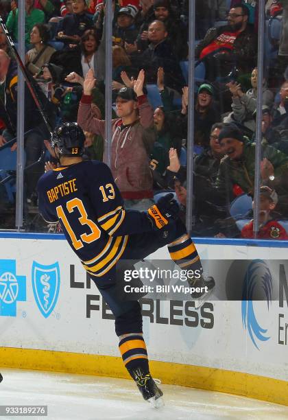 Nicholas Baptiste of the Buffalo Sabres celebrates his first third period goal against the Chicago Blackhawks during an NHL game on March 17, 2018 at...