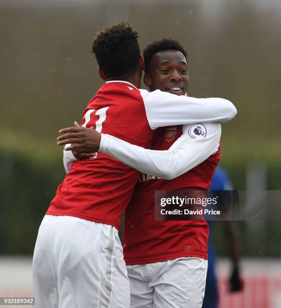 Tyreece John-Jules celebrates scoring Arsenal's 2nd goal with Tolaji Bola during the match between Arsenal U23 and Chelsea U23 at London Colney on...