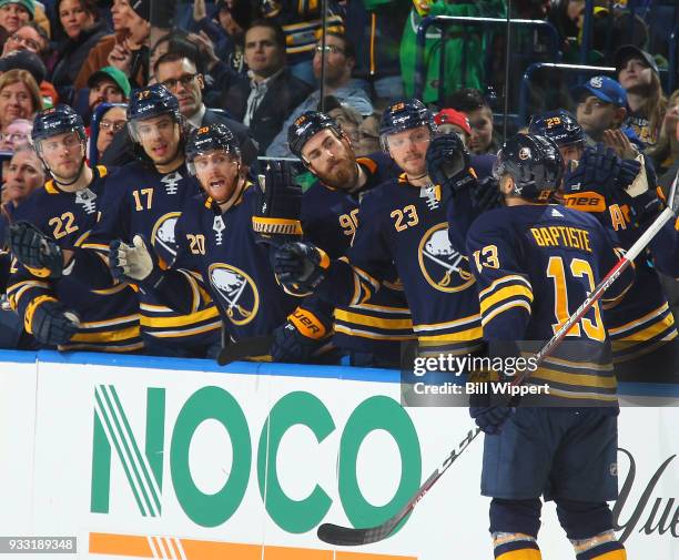 Nicholas Baptiste of the Buffalo Sabres celebrates a third period goal against the Chicago Blackhawks during an NHL game on March 17, 2018 at KeyBank...