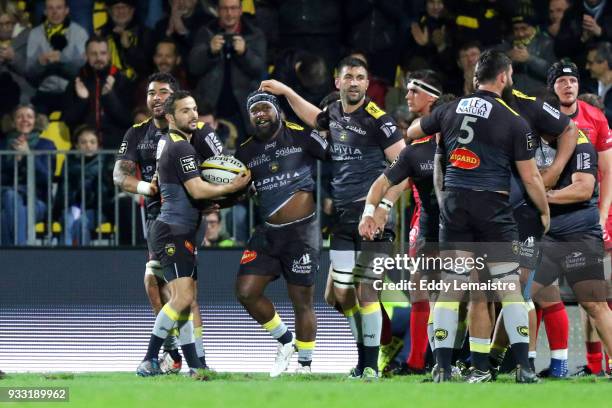 Levani Botia of La Rochelle celebrates after scoring a try during the Top 14 match between La Rochelle and Lyon at Stade Marcel Deflandre on March...