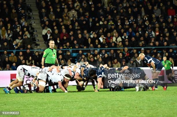 Scrum betwen Bordeaux and Agen during the French Top 14 rugby union match between SU Agen and Bordeaux Begles on March 17, 2018 at the Armandie...