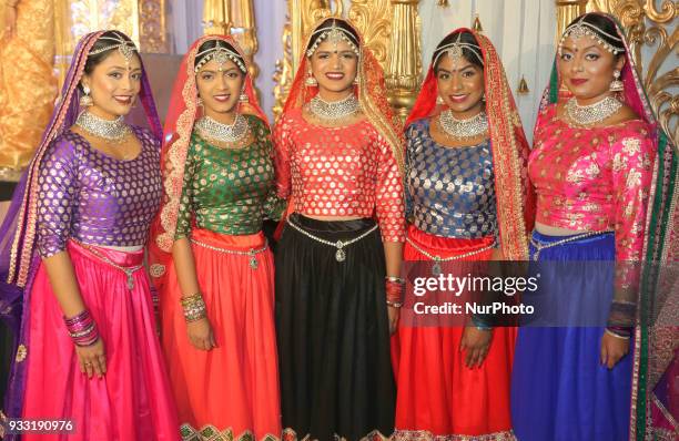 Dancers from Sathangai Narthanalaya pose before performing a traditional dance to the Ghoomar song from the Bollywood film Padmaavat during the...