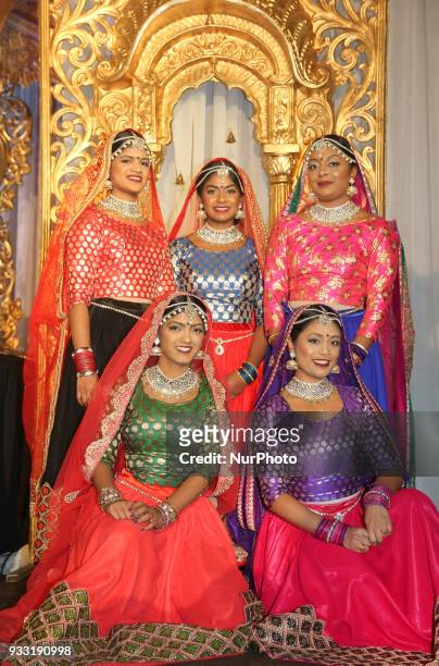 Dancers from Sathangai Narthanalaya pose before performing a traditional dance to the Ghoomar song from the Bollywood film Padmaavat during the...