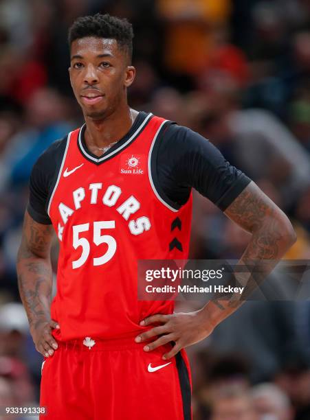 Delon Wright of the Toronto Raptors is seen during the game against the Indiana Pacers at Bankers Life Fieldhouse on March 15, 2018 in Indianapolis,...