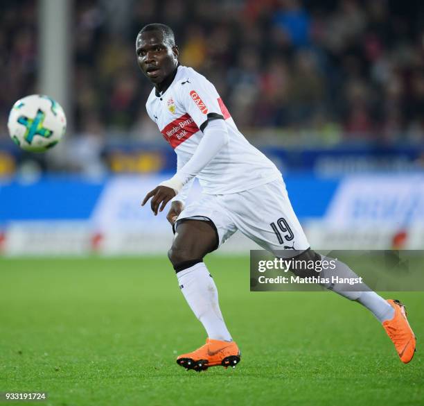 Chadrac Akolo of Stuttgart controls the ball during the Bundesliga match between Sport-Club Freiburg and VfB Stuttgart at Schwarzwald-Stadion on...