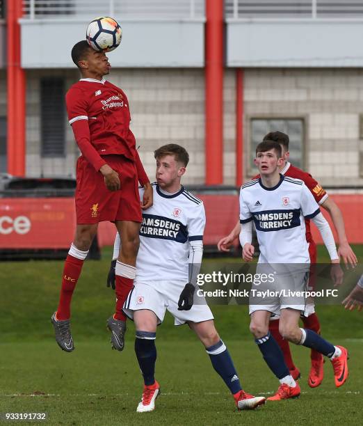 Elijah Dixon-Bonner of Liverpool and Stephen Wearne of Middlesbrough in action during the Liverpool v Middlesbrough U18 Premier League game at The...