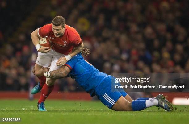 Wales' Scott Williams is tackled by France's Mathieu Bastareaud during the NatWest Six Nations Championship match between Wales and France at...