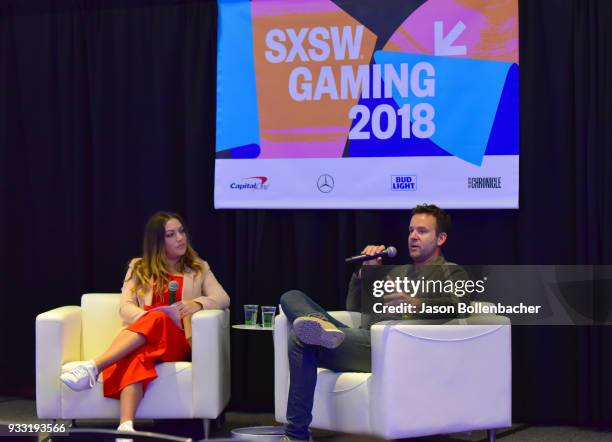 Stephanie Snowden and Pete Vlastelica, President & CEO of Major League Gaming speak onstage at What Makes a Sport Professional? during SXSW at Austin...