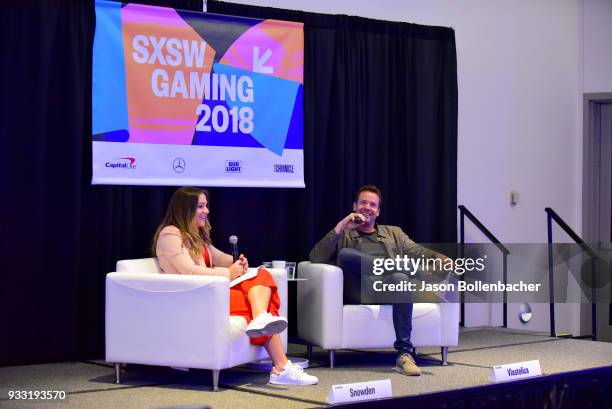 Stephanie Snowden and Pete Vlastelica, President & CEO of Major League Gaming speak onstage at What Makes a Sport Professional? during SXSW at Austin...