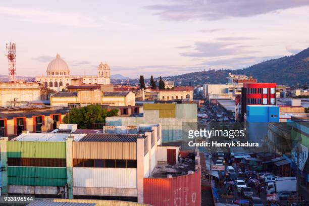 san salvador panorama with the cathedral - san salvador stock pictures, royalty-free photos & images