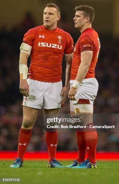 Wales' Hadleigh Parkes and Scott Williams during the NatWest Six Nations Championship match between Wales and France at Principality Stadium on March...