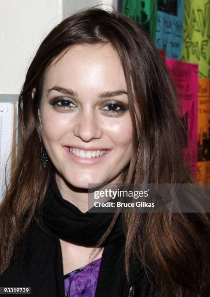 Leighton Meester poses backstage at the hit musical "Rock of Ages" on Broadway at The Brooks Atkinson Theater on November 22, 2009 in New York City.