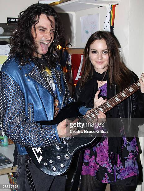 Constantine Maroulis and Leighton Meester pose backstage at the hit musical "Rock of Ages" on Broadway at The Brooks Atkinson Theater on November 22,...