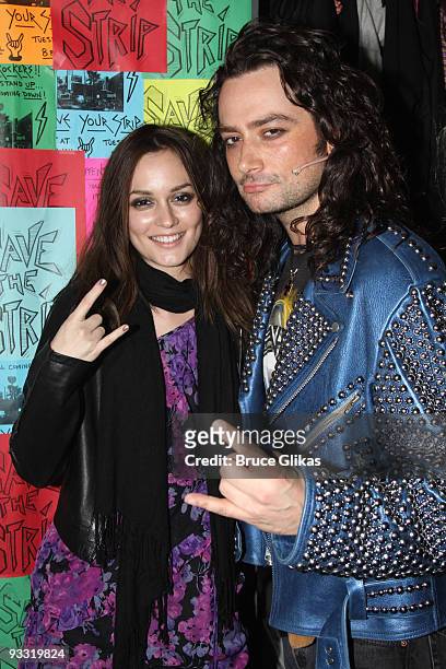 Leighton Meester and Constantine Maroulis pose backstage at the hit musical "Rock of Ages" on Broadway at The Brooks Atkinson Theater on November 22,...