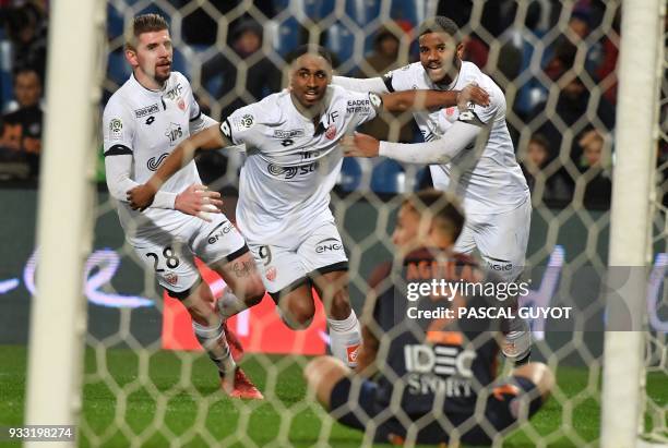 Dijon's French forward Wesley Said reacts after scoring a goal during the French L1 football match between MHSC Montpellier and Dijon, on March 17,...