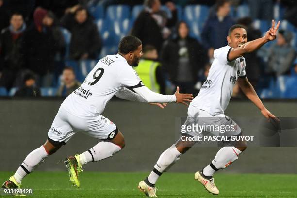 Dijon's French forward Wesley Said reacts after scoring a goal during the French L1 football match between MHSC Montpellier and Dijon, on March 17,...