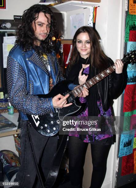 Constantine Maroulis and Leighton Meester pose backstage at the hit musical "Rock of Ages" on Broadway at The Brooks Atkinson Theater on November 22,...