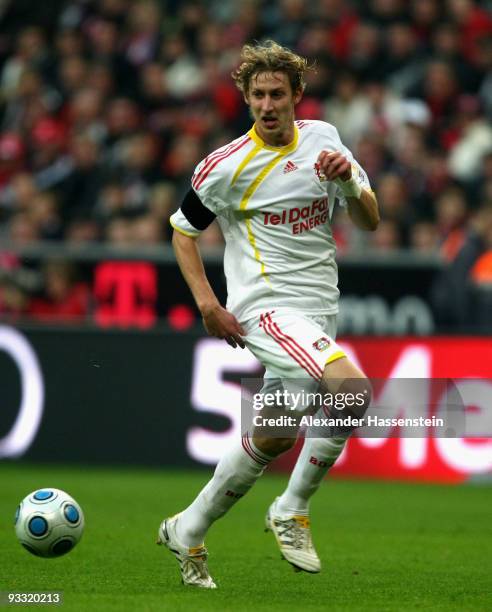 Stefan Kiessling of Leverkusen runs with the ball during the Bundesliga match between Bayern Muenchen and Bayer Leverkusen at the Allianz Arena on...