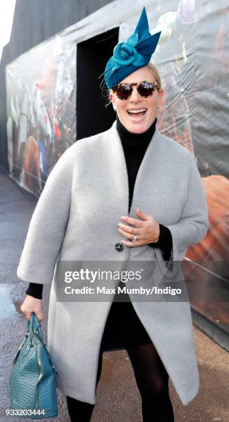 Zara Phillips attends day 3 'St Patrick's Thursday' of the Cheltenham Festival at Cheltenham Racecourse on March 15, 2018 in Cheltenham, England.