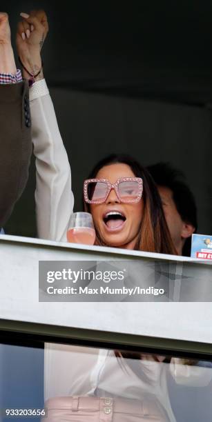 Katie Price cheers as she watches the racing on day 3 'St Patrick's Thursday' of the Cheltenham Festival at Cheltenham Racecourse on March 15, 2018...