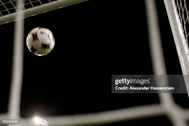 The ball is seen during the Bundesliga match between VfB Stuttgart and Hertha BSC Berlin at the Mercedes-Benz Arena on November 21, 2009 in...