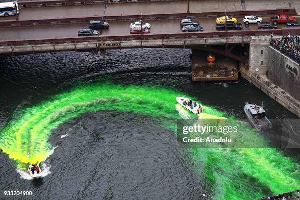 Chicago River is being turned to green for annual St. Patrick's Day celebrations on March 17, 2018 in Chicago, United States.