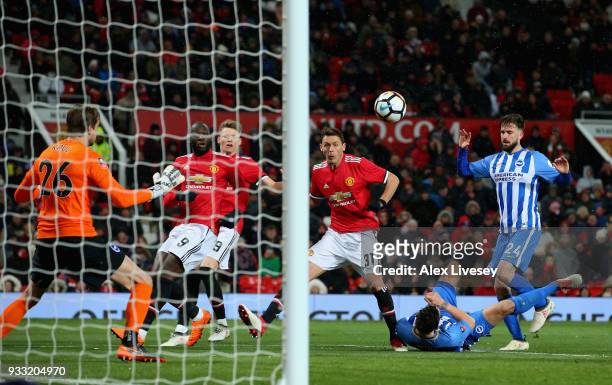 Nemanja Matic of Manchester United scores their second goal during the Emirates FA Cup Quarter Final between Manchester United and Brighton & Hove...