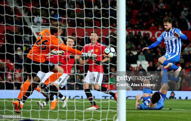 Nemanja Matic of Manchester United scores their second goal during the Emirates FA Cup Quarter Final between Manchester United and Brighton & Hove...