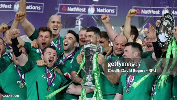 Ireland captain, Rory Best holds the Six Nations troophy, as they celebrate their Grand Slam victory during the NatWest Six Nations match between...