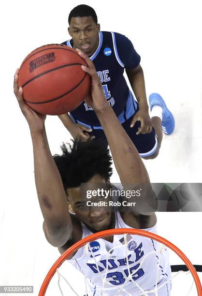 Marvin Bagley III of the Duke Blue Devils dunks the ball against the Rhode Island Rams during the second half in the second round of the 2018 NCAA...