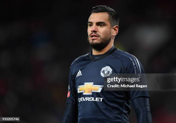 Sergio Romero of Manchester United the Emirates FA Cup Quarter Final between Manchester United and Brighton & Hove Albion at Old Trafford on March...