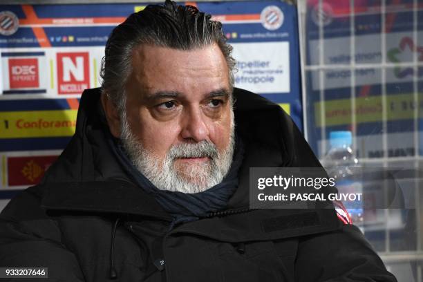 Montpellier's French club president Laurent Nicollin reacts during the French L1 football match between MHSC Montpellier and Dijon, on March 17, 2018...