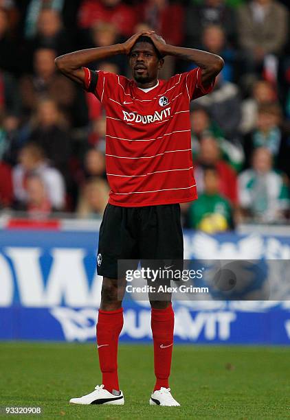 Mohammadou Idrissou of Freiburg reacts during the Bundesliga match between SC Freiburg and Werder Bremen at the Badenova stadium on November 21, 2009...