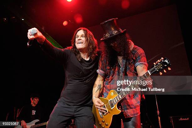 Heavy metal legend Ozzy Osbourne and guitarist Slash perform at the "LAYN Rocks" benefit concert for the Los Angeles Youth Network, held at the...